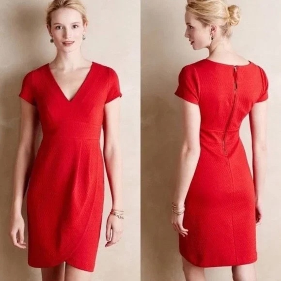 Anthropologie Maeve Red Textured Tulip Hem Dress XS - Picture 1 of 14